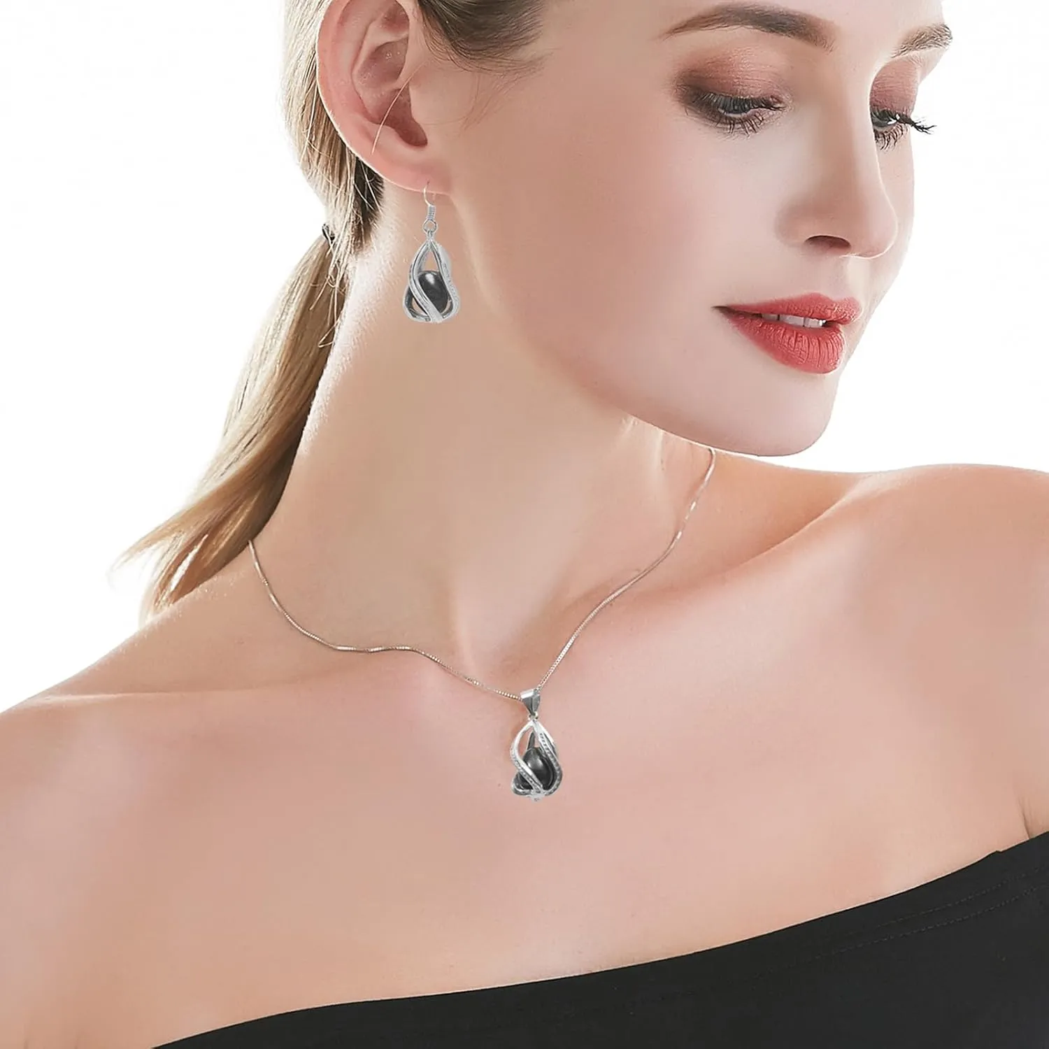 Pearl Jewelry Set For Women S925 Sterling Silver/14K Gold Plated Necklace & Earrings Set Freshwater Pearl Pendant Cage Set for Wedding Anniversary Prom Birthday Gift