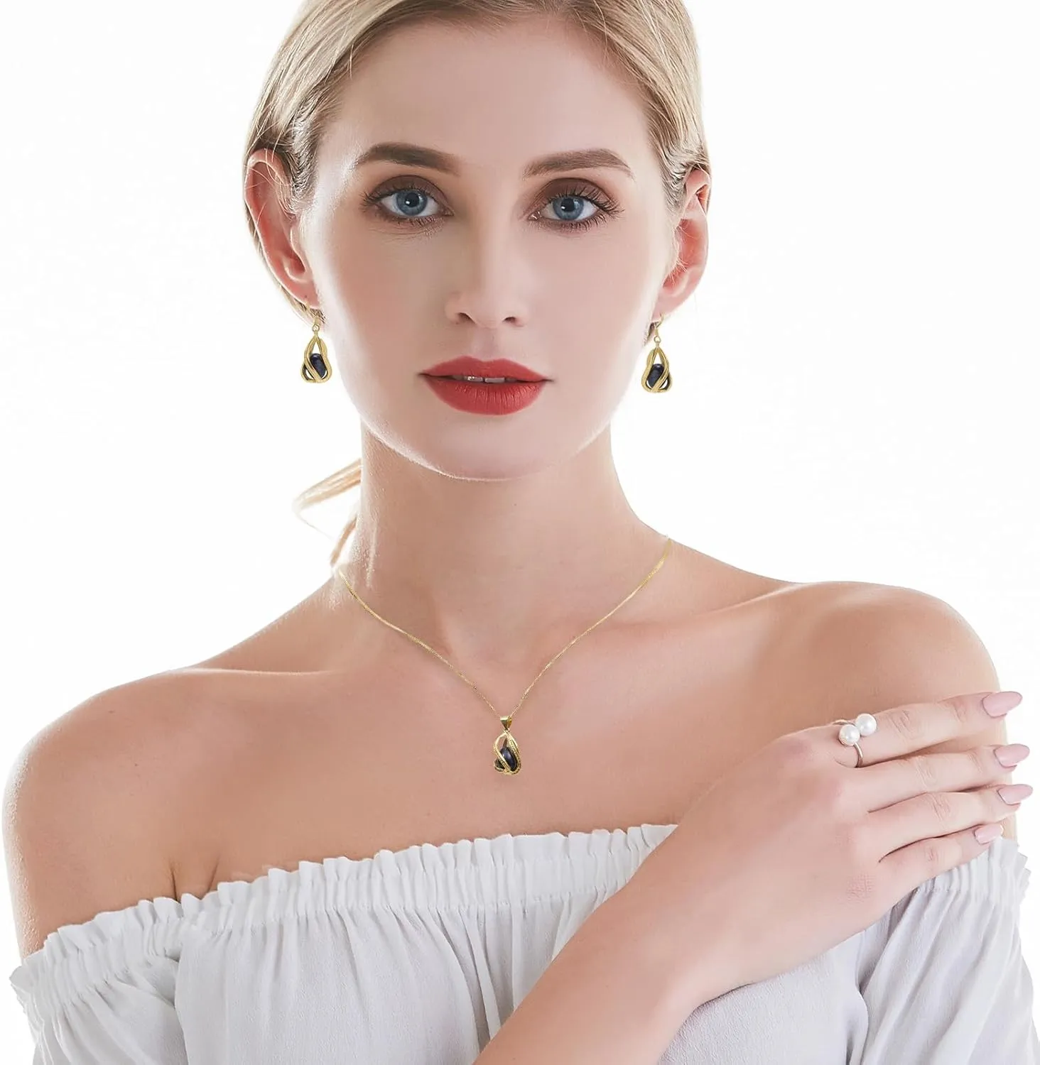 Pearl Jewelry Set For Women S925 Sterling Silver/14K Gold Plated Necklace & Earrings Set Freshwater Pearl Pendant Cage Set for Wedding Anniversary Prom Birthday Gift