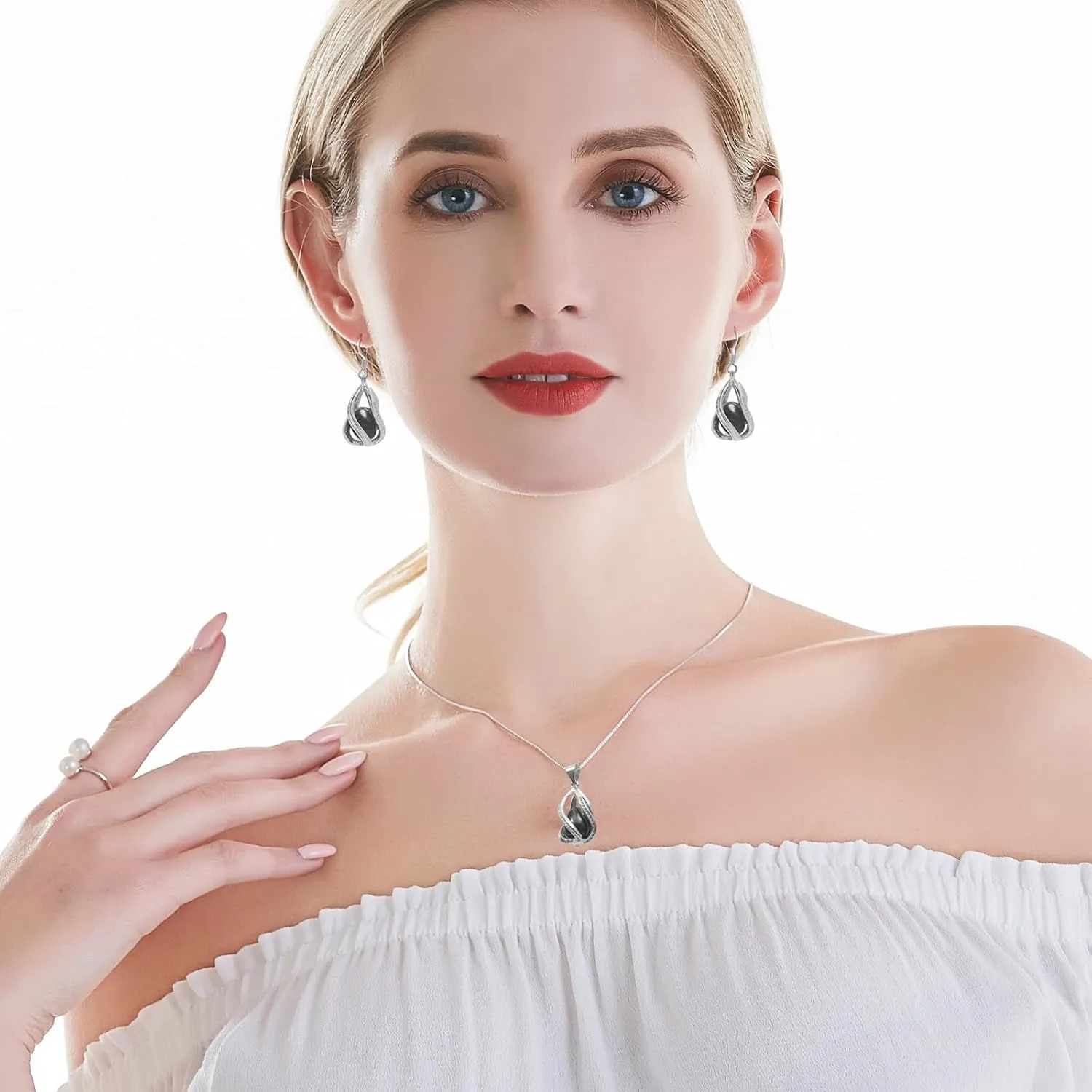 Pearl Jewelry Set For Women S925 Sterling Silver/14K Gold Plated Necklace & Earrings Set Freshwater Pearl Pendant Cage Set for Wedding Anniversary Prom Birthday Gift