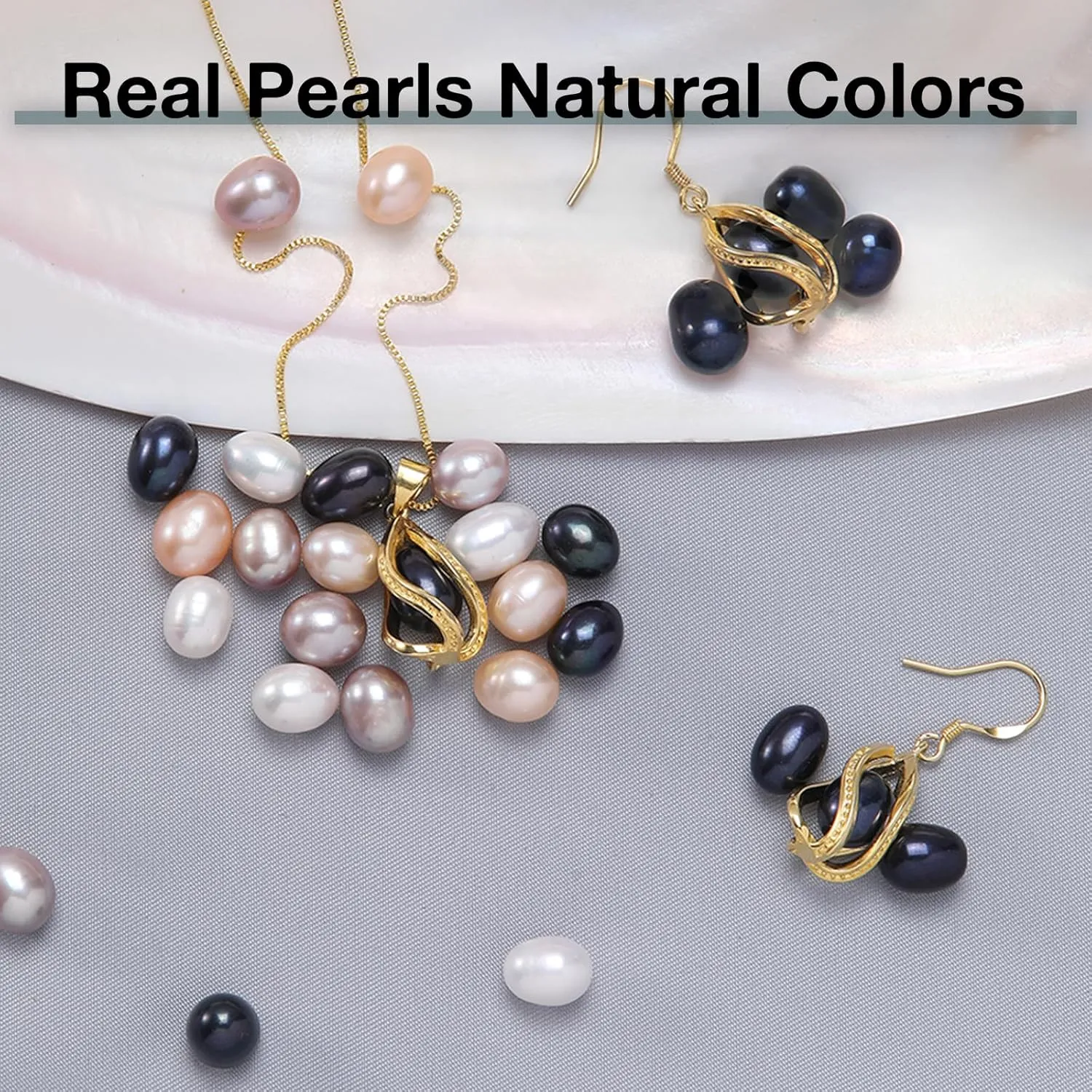 Pearl Jewelry Set For Women S925 Sterling Silver/14K Gold Plated Necklace & Earrings Set Freshwater Pearl Pendant Cage Set for Wedding Anniversary Prom Birthday Gift