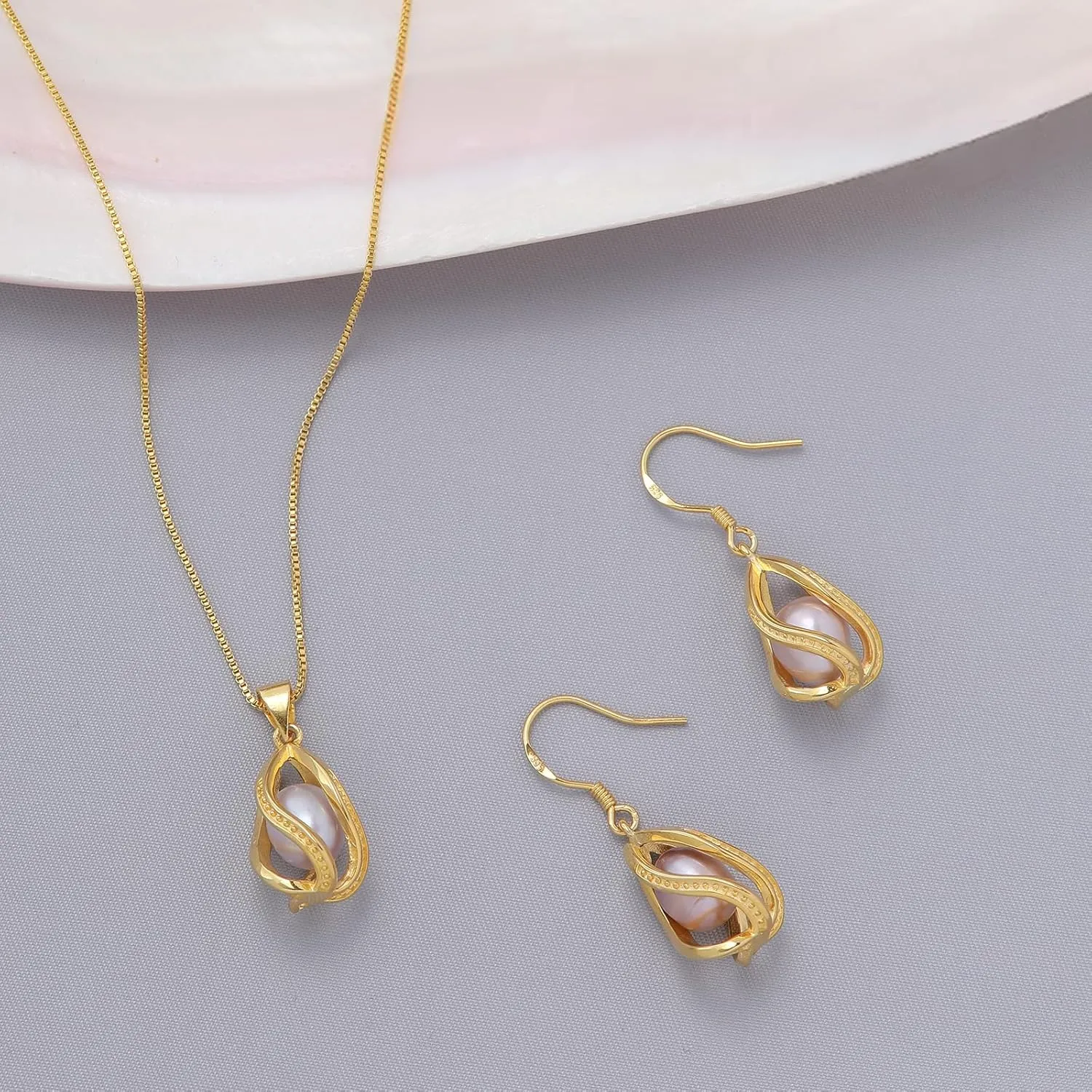 Pearl Jewelry Set For Women S925 Sterling Silver/14K Gold Plated Necklace & Earrings Set Freshwater Pearl Pendant Cage Set for Wedding Anniversary Prom Birthday Gift
