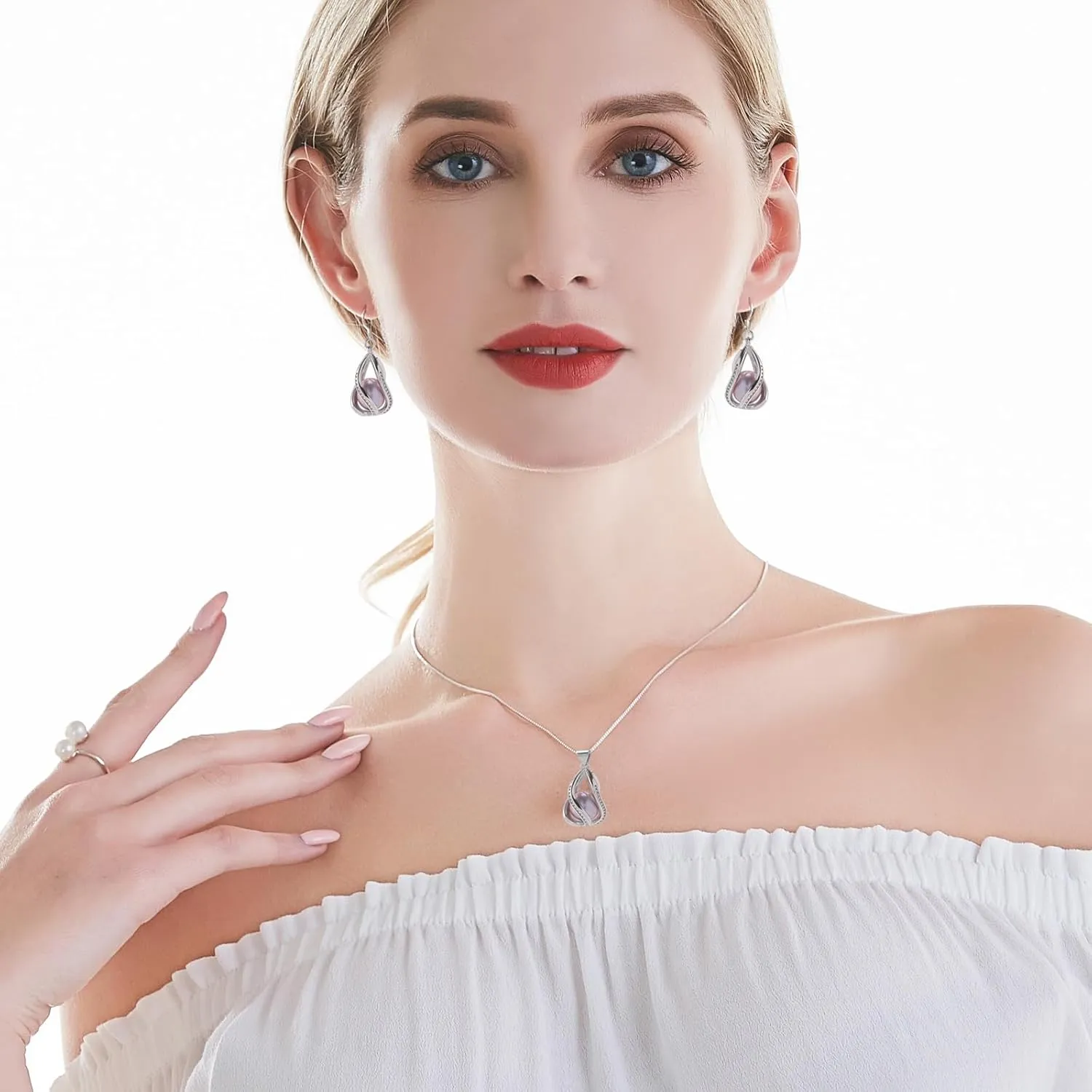 Pearl Jewelry Set For Women S925 Sterling Silver/14K Gold Plated Necklace & Earrings Set Freshwater Pearl Pendant Cage Set for Wedding Anniversary Prom Birthday Gift