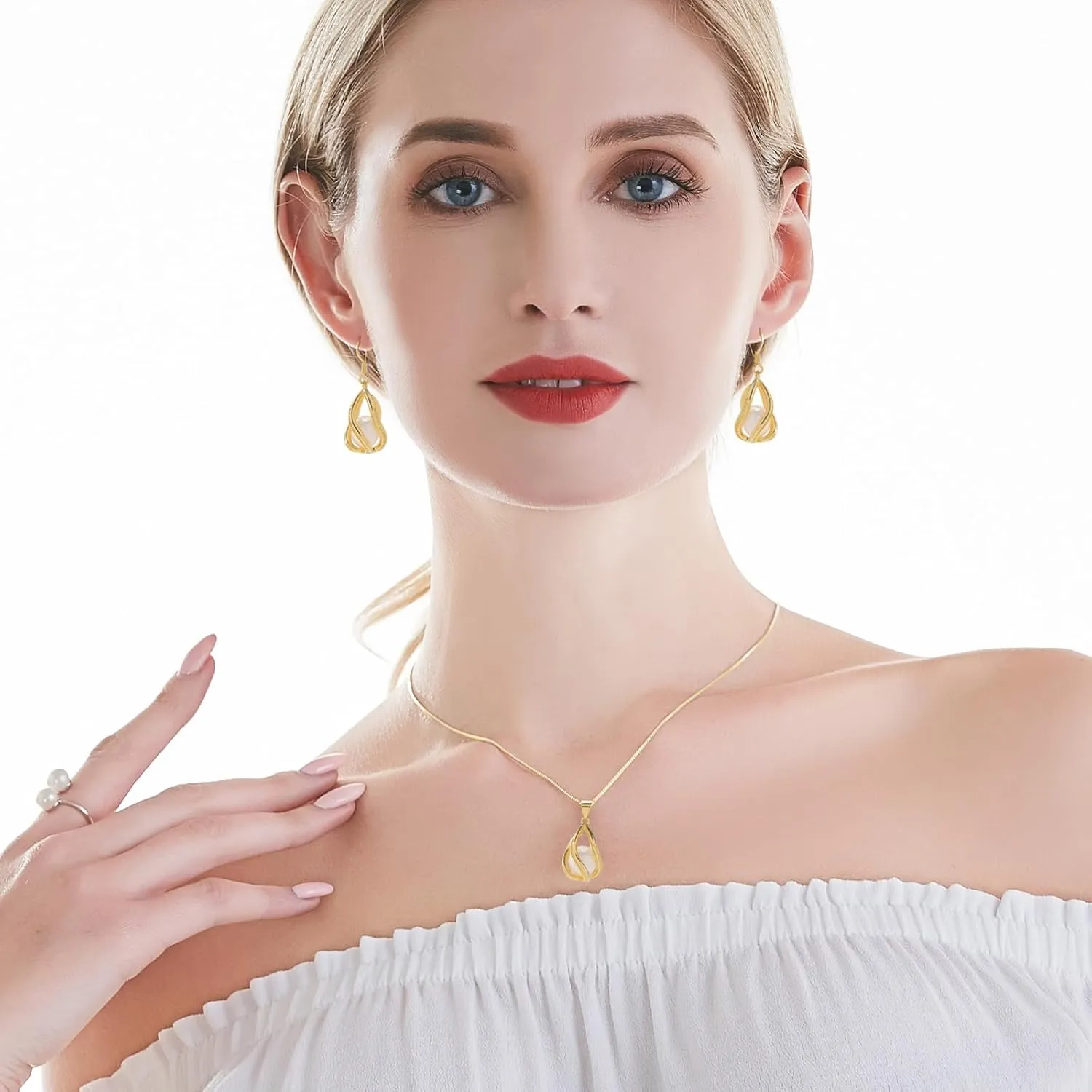 Pearl Jewelry Set For Women S925 Sterling Silver/14K Gold Plated Necklace & Earrings Set Freshwater Pearl Pendant Cage Set for Wedding Anniversary Prom Birthday Gift
