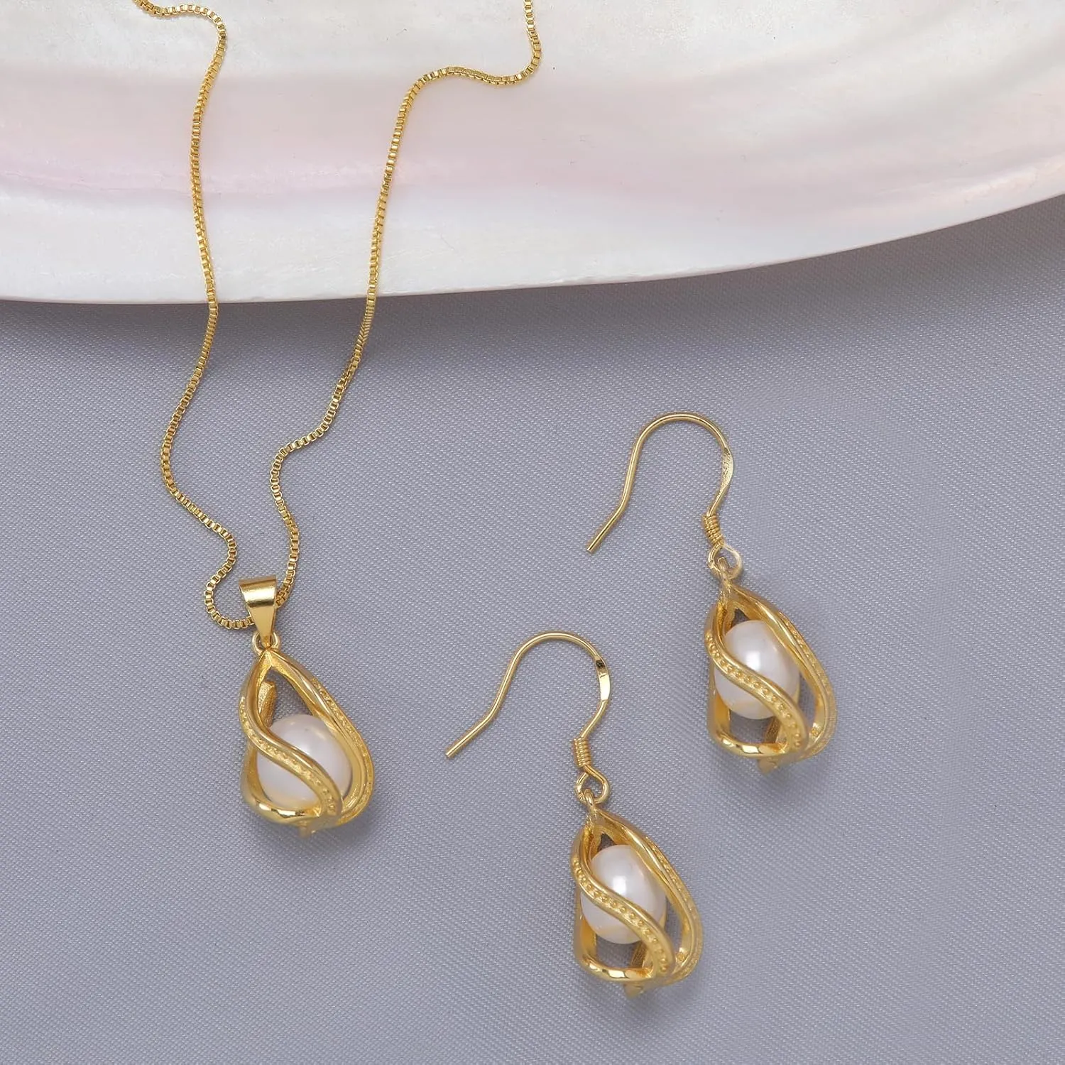 Pearl Jewelry Set For Women S925 Sterling Silver/14K Gold Plated Necklace & Earrings Set Freshwater Pearl Pendant Cage Set for Wedding Anniversary Prom Birthday Gift