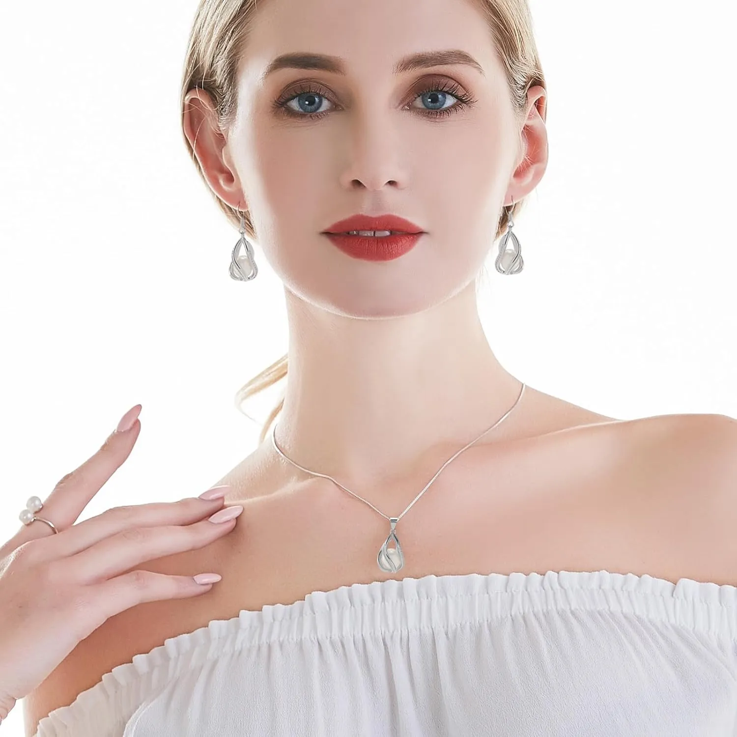Pearl Jewelry Set For Women S925 Sterling Silver/14K Gold Plated Necklace & Earrings Set Freshwater Pearl Pendant Cage Set for Wedding Anniversary Prom Birthday Gift