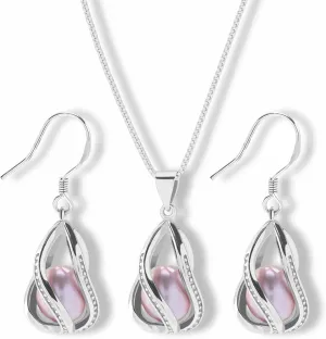 Pearl Jewelry Set For Women S925 Sterling Silver/14K Gold Plated Necklace & Earrings Set Freshwater Pearl Pendant Cage Set for Wedding Anniversary Prom Birthday Gift