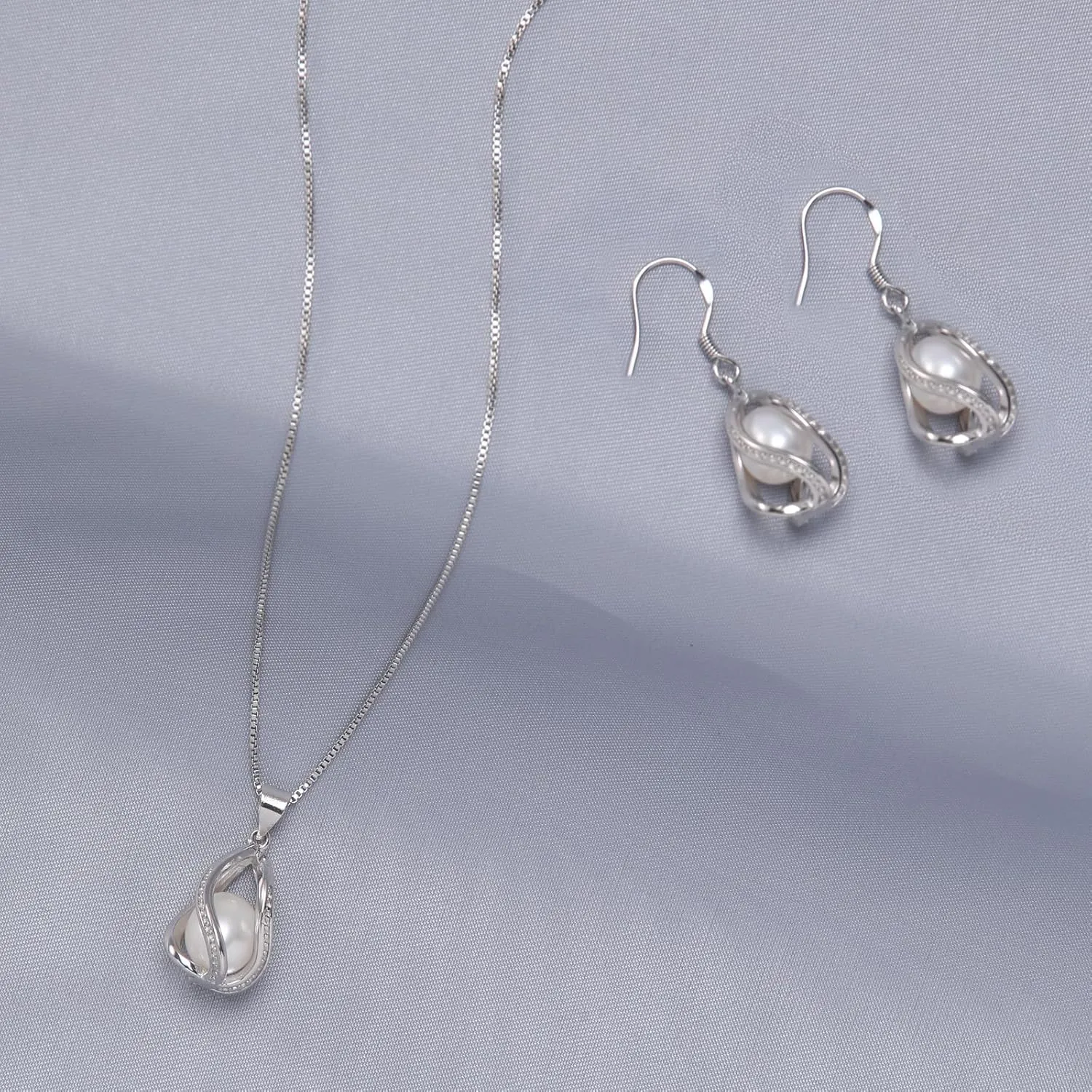 Pearl Jewelry Set For Women S925 Sterling Silver/14K Gold Plated Necklace & Earrings Set Freshwater Pearl Pendant Cage Set for Wedding Anniversary Prom Birthday Gift