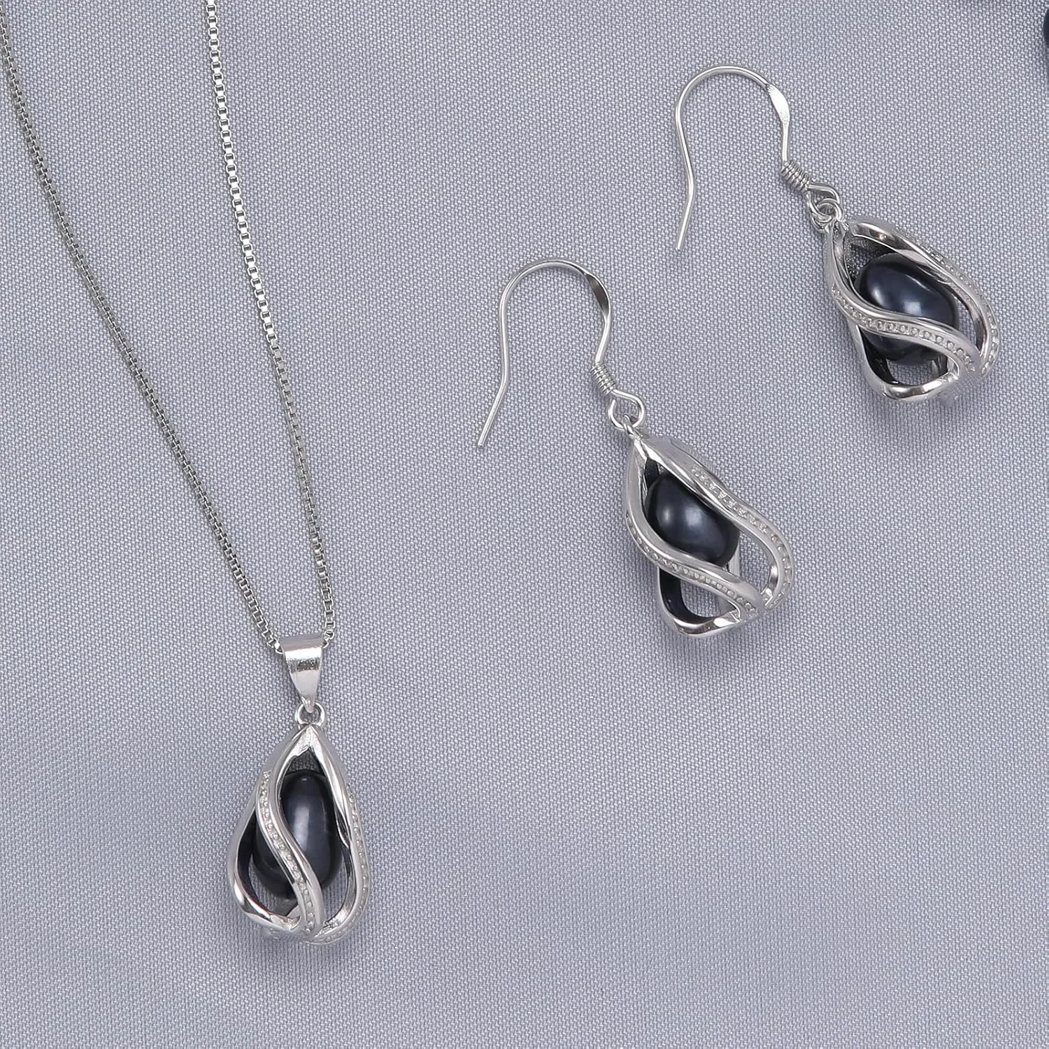 Pearl Jewelry Set For Women S925 Sterling Silver/14K Gold Plated Necklace & Earrings Set Freshwater Pearl Pendant Cage Set for Wedding Anniversary Prom Birthday Gift