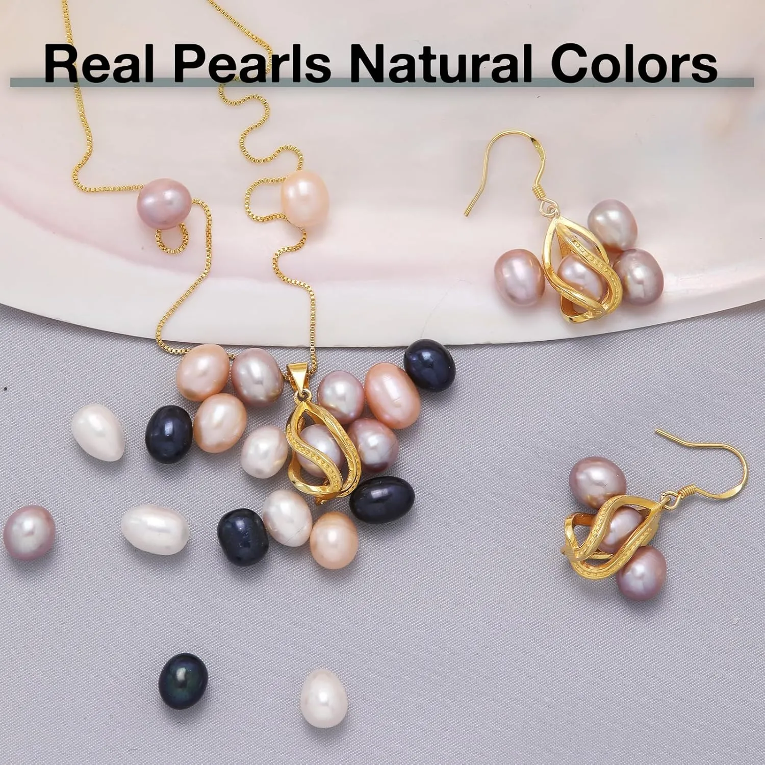 Pearl Jewelry Set For Women S925 Sterling Silver/14K Gold Plated Necklace & Earrings Set Freshwater Pearl Pendant Cage Set for Wedding Anniversary Prom Birthday Gift