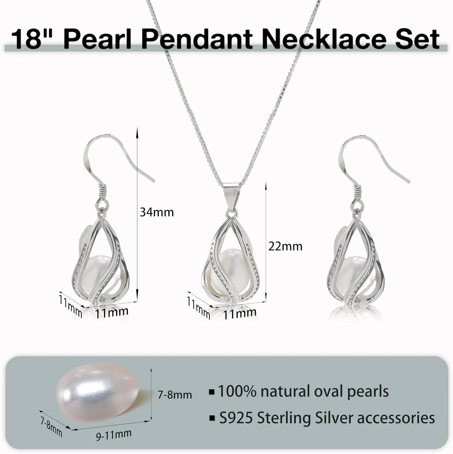 Pearl Jewelry Set For Women S925 Sterling Silver/14K Gold Plated Necklace & Earrings Set Freshwater Pearl Pendant Cage Set for Wedding Anniversary Prom Birthday Gift