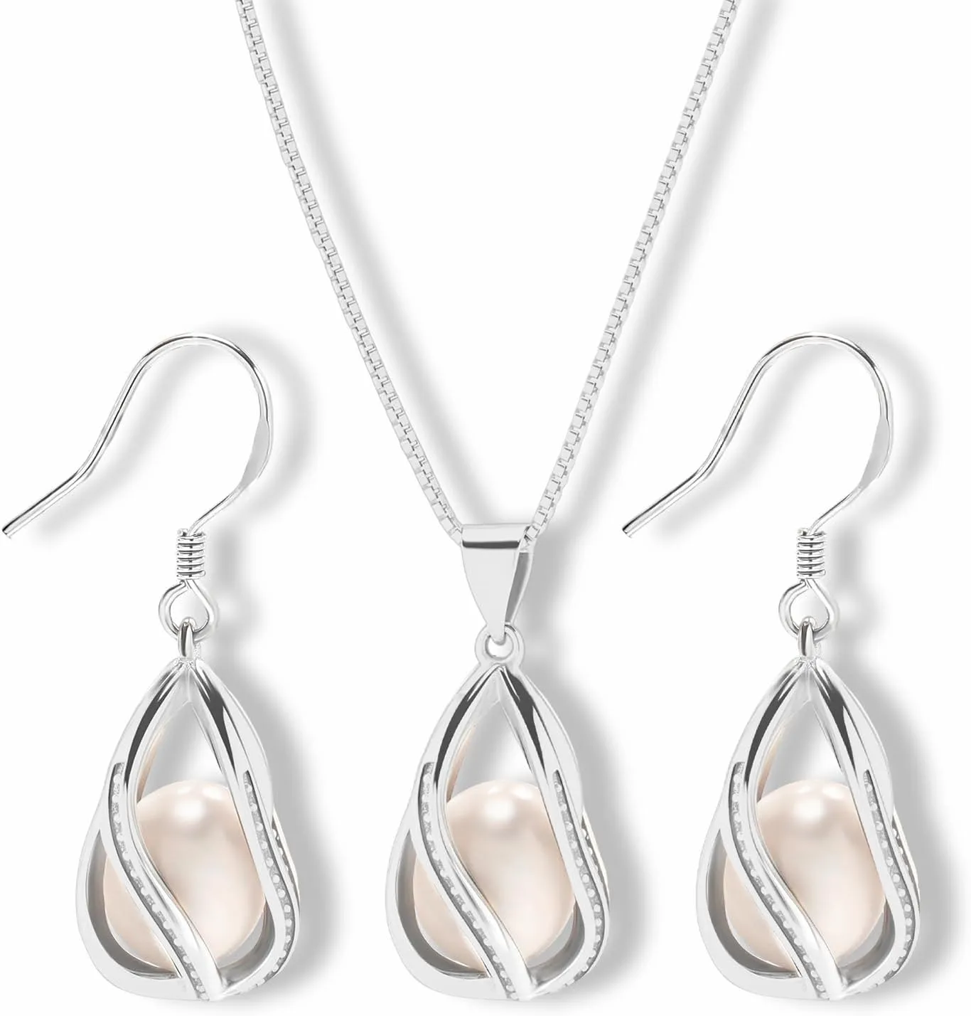 Pearl Jewelry Set For Women S925 Sterling Silver/14K Gold Plated Necklace & Earrings Set Freshwater Pearl Pendant Cage Set for Wedding Anniversary Prom Birthday Gift