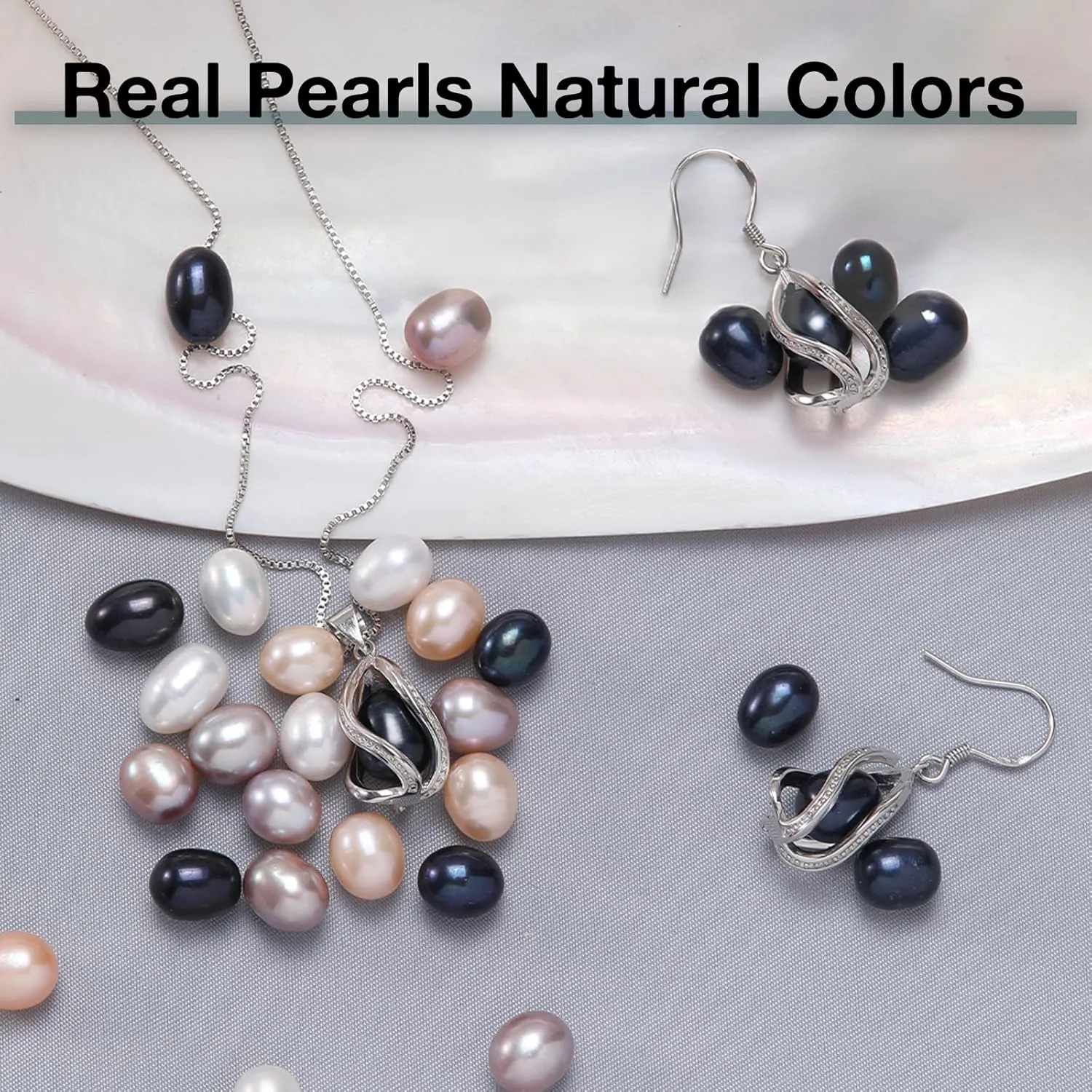 Pearl Jewelry Set For Women S925 Sterling Silver/14K Gold Plated Necklace & Earrings Set Freshwater Pearl Pendant Cage Set for Wedding Anniversary Prom Birthday Gift