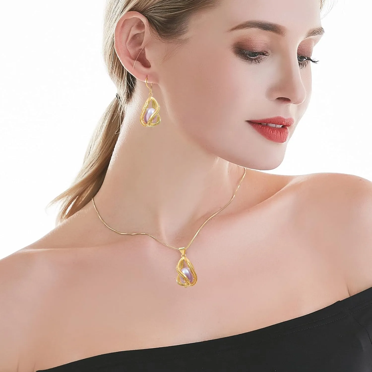 Pearl Jewelry Set For Women S925 Sterling Silver/14K Gold Plated Necklace & Earrings Set Freshwater Pearl Pendant Cage Set for Wedding Anniversary Prom Birthday Gift