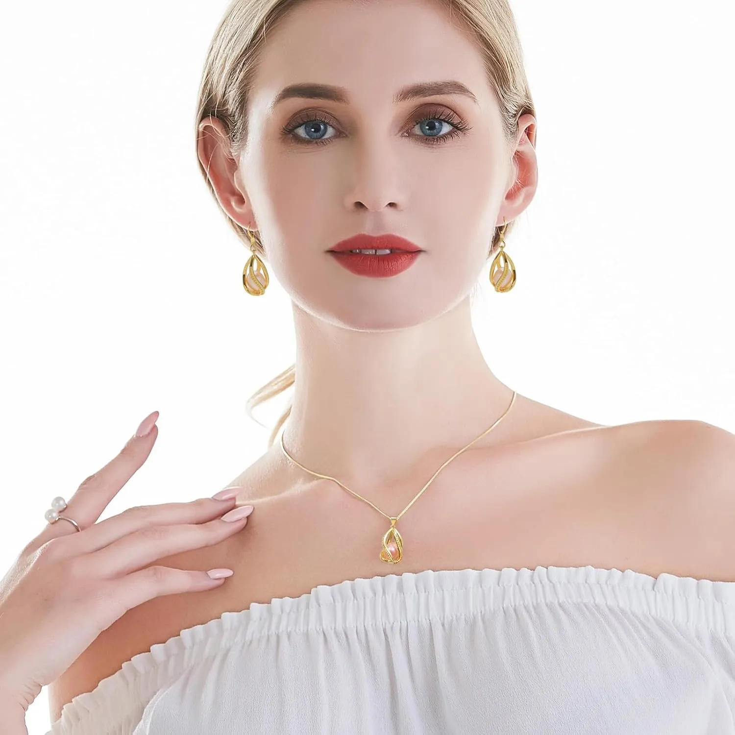 Pearl Jewelry Set For Women S925 Sterling Silver/14K Gold Plated Necklace & Earrings Set Freshwater Pearl Pendant Cage Set for Wedding Anniversary Prom Birthday Gift