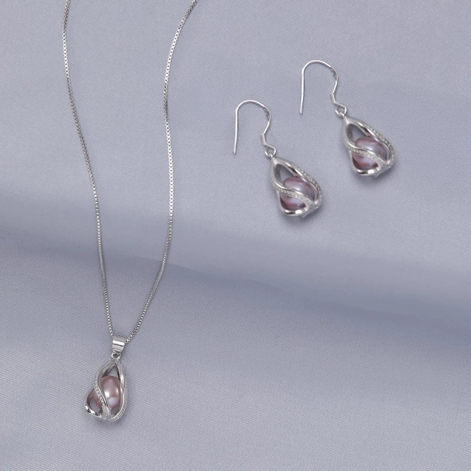 Pearl Jewelry Set For Women S925 Sterling Silver/14K Gold Plated Necklace & Earrings Set Freshwater Pearl Pendant Cage Set for Wedding Anniversary Prom Birthday Gift