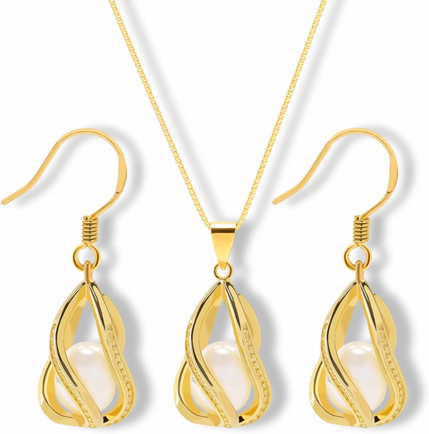 Pearl Jewelry Set For Women S925 Sterling Silver/14K Gold Plated Necklace & Earrings Set Freshwater Pearl Pendant Cage Set for Wedding Anniversary Prom Birthday Gift