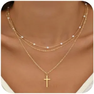 Pearl Layered Necklaces for Women, 14K Dainty Gold Necklace Pearl Cross Necklace Layering Chain Choker Jewelry Gift