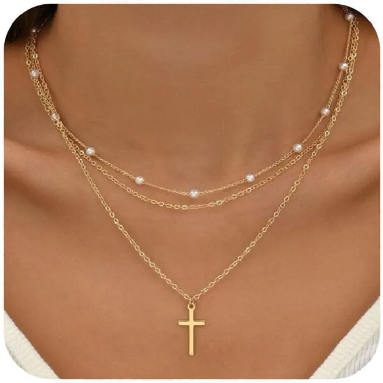 Pearl Layered Necklaces for Women, 14K Dainty Gold Necklace Pearl Cross Necklace Layering Chain Choker Jewelry Gift