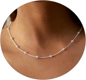 Pearl Necklace for Women,Dainty 14K Silver Plated Pearl Choker Necklaces Minimalist Beach Pearls Chain Bride Bridesmaid Wedding Jewelry Gifts