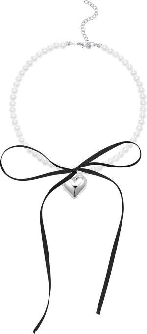 Pearl Ribbon Bow Choker Necklaces Y2k Coquette Pearl Necklace with Heart Bow Necklace for Women