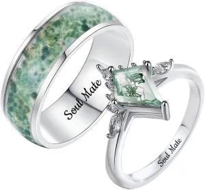 Personalized Promise Rings for Couples - Vintage Moss Agate Rings for Women - Unique Stainless Steel Engagement Rings for Men - Kite Shaped Women's Ring - Set for Him and Her