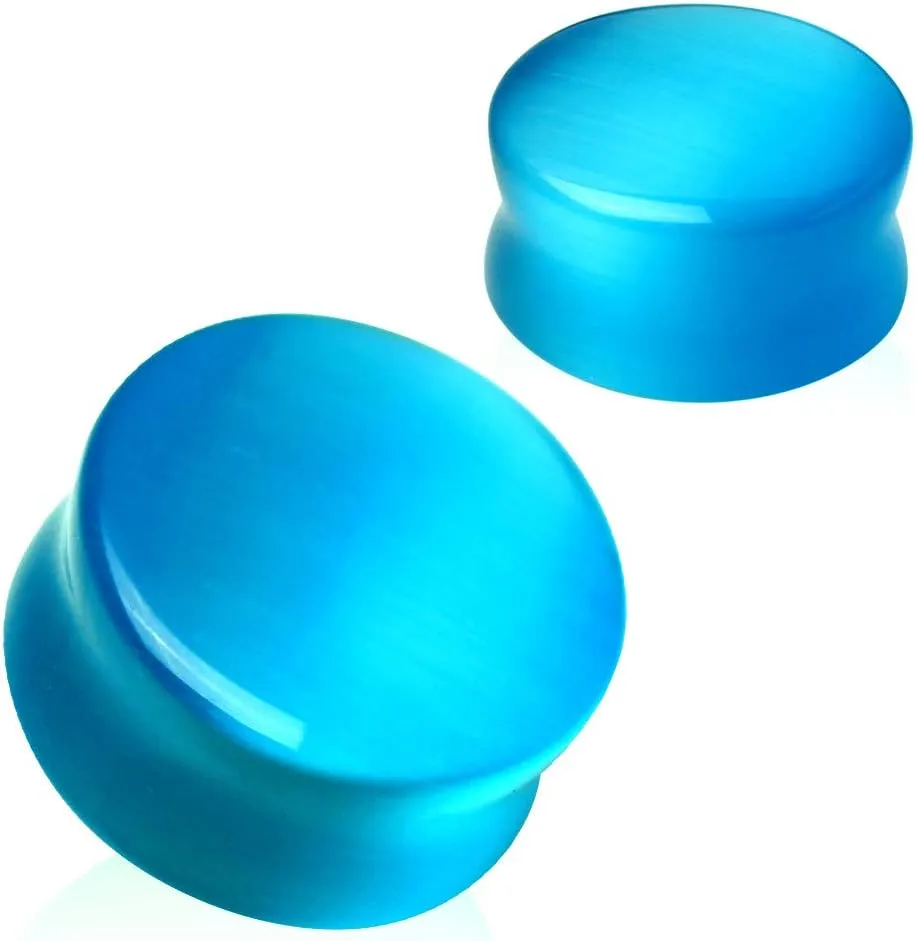 Pierced Owl - Natural Aqua Blue Cat's Eye Stone Double Flared Saddle Plugs, Sold as a Pair