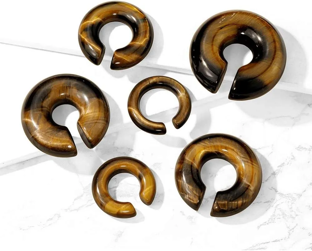 Pierced Owl - Tiger Eye Stone Round Hoop Plug Earrings, Sold As Pair