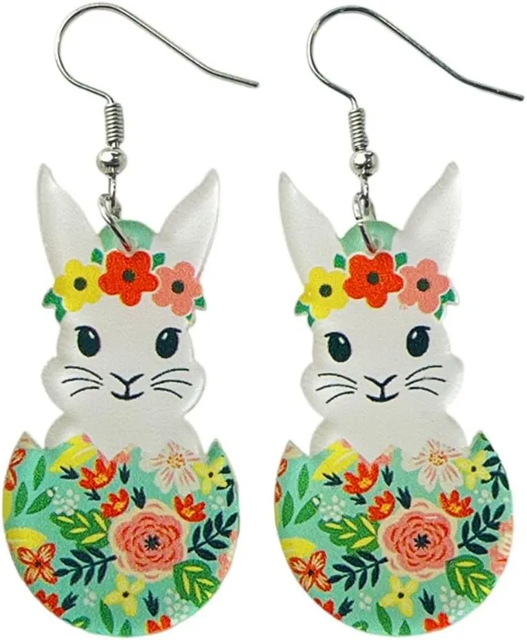 Pingyongchang Cute Colorful Easter Egg Rabbit Acrylic Earrings Funny Animal Bunny Flower Dangle Drop Earrings for Women Easter Spring Holiday Party Jewelry Gifts