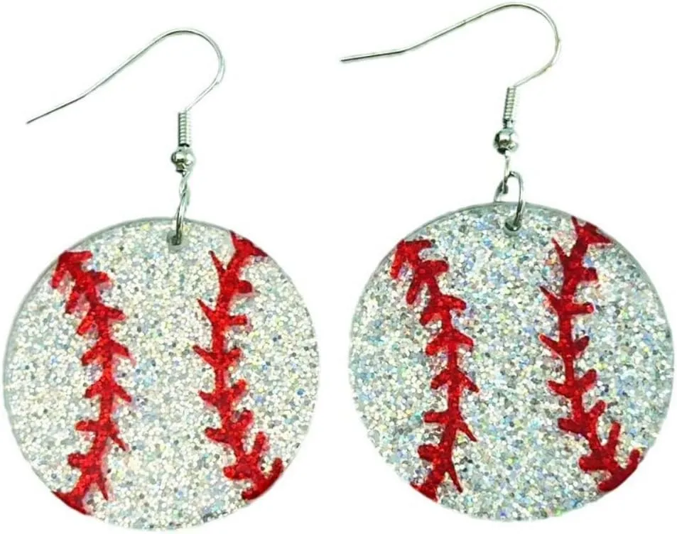 Pingyongchang Sport Ball Glitter Acrylic Earrings Cute Baseball Football Softball Rugby Volleyball Soccer Dangle Drop Earrings for Women Games Day Jewelry Sport Lover Gift
