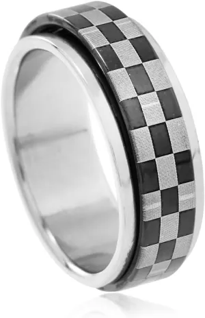POYAMUSE Checkered Ring for Men and Women, Fidget Spinner Ring with Black and White Checkered Design