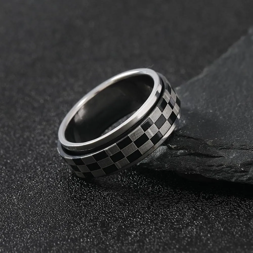 POYAMUSE Checkered Ring for Men and Women, Fidget Spinner Ring with Black and White Checkered Design