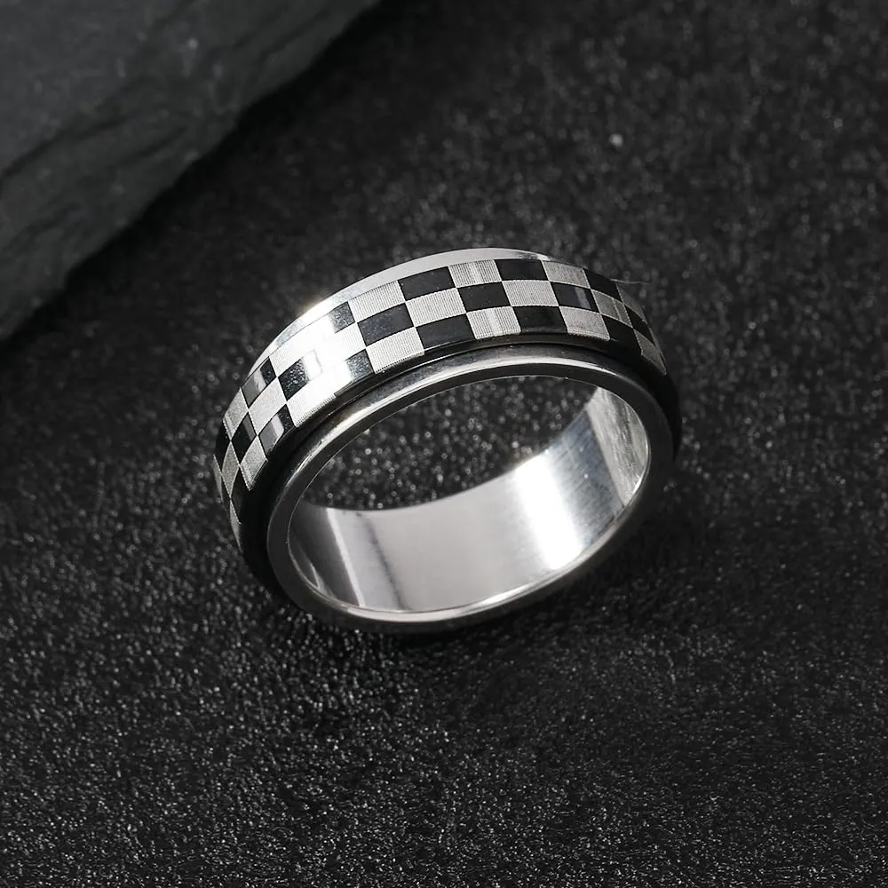POYAMUSE Checkered Ring for Men and Women, Fidget Spinner Ring with Black and White Checkered Design