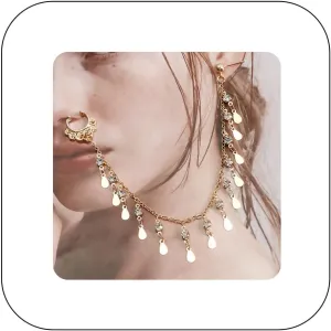 Punk Boho Nose Ring Hoop with Chain Tassel Fake Septum Ring Ear to Nose No Piercing Ear Cuff Indian Jewelry for Women Girls
