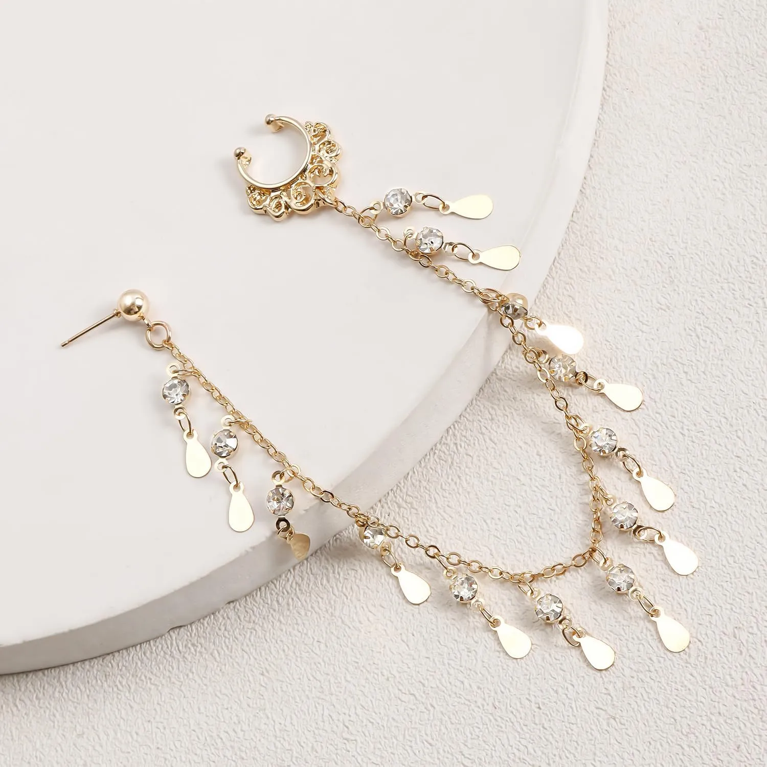 Punk Boho Nose Ring Hoop with Chain Tassel Fake Septum Ring Ear to Nose No Piercing Ear Cuff Indian Jewelry for Women Girls