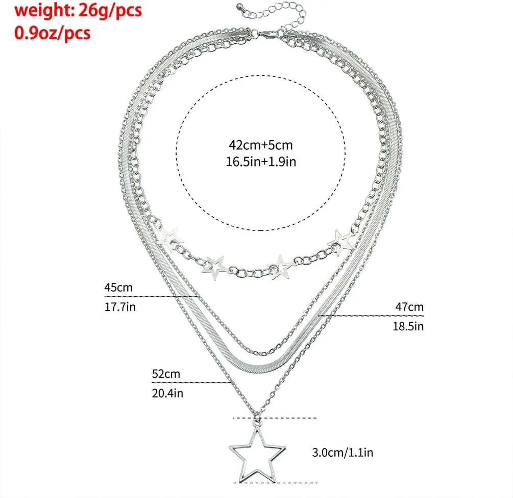 Punk Layered Silver Enamel Heart Hollow Star Pendant Necklaces for Women, Y2k Small Pearl Snake Chain Choker Silver Love Hearted Stars Necklace Jewelry Gift