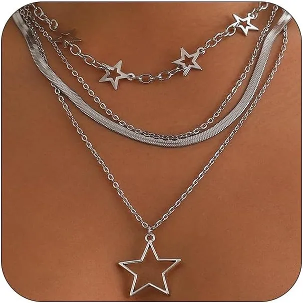 Punk Layered Silver Enamel Heart Hollow Star Pendant Necklaces for Women, Y2k Small Pearl Snake Chain Choker Silver Love Hearted Stars Necklace Jewelry Gift
