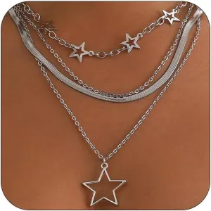 Punk Layered Silver Enamel Heart Hollow Star Pendant Necklaces for Women, Y2k Small Pearl Snake Chain Choker Silver Love Hearted Stars Necklace Jewelry Gift