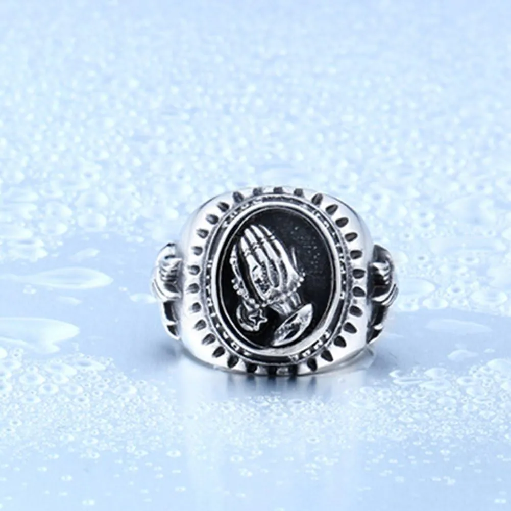 Punk Men's Silver Stainless Steel Religious Praying Hands Prayer Ring Band