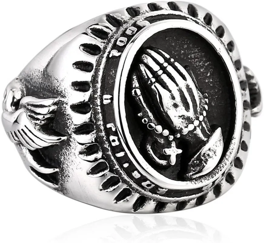 Punk Men's Silver Stainless Steel Religious Praying Hands Prayer Ring Band