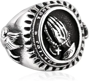 Punk Men's Silver Stainless Steel Religious Praying Hands Prayer Ring Band