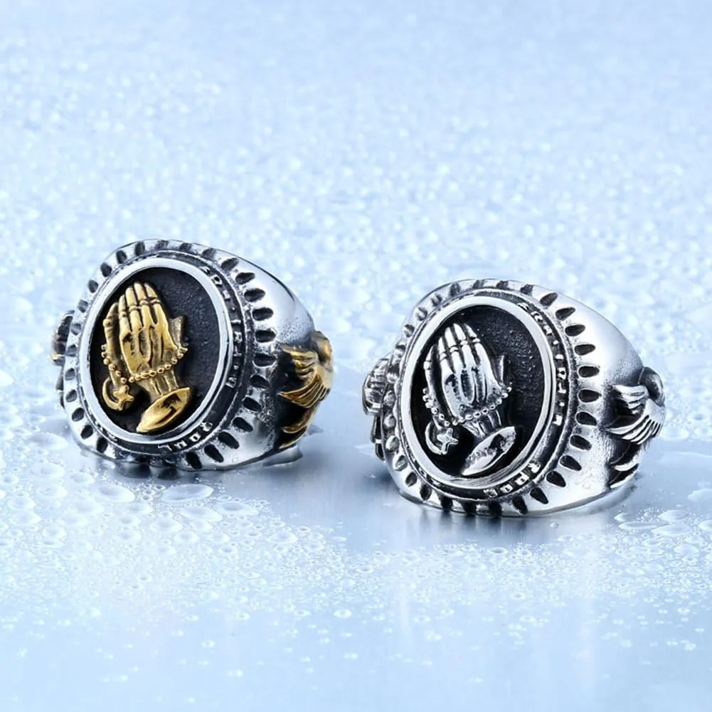 Punk Men's Silver Stainless Steel Religious Praying Hands Prayer Ring Band