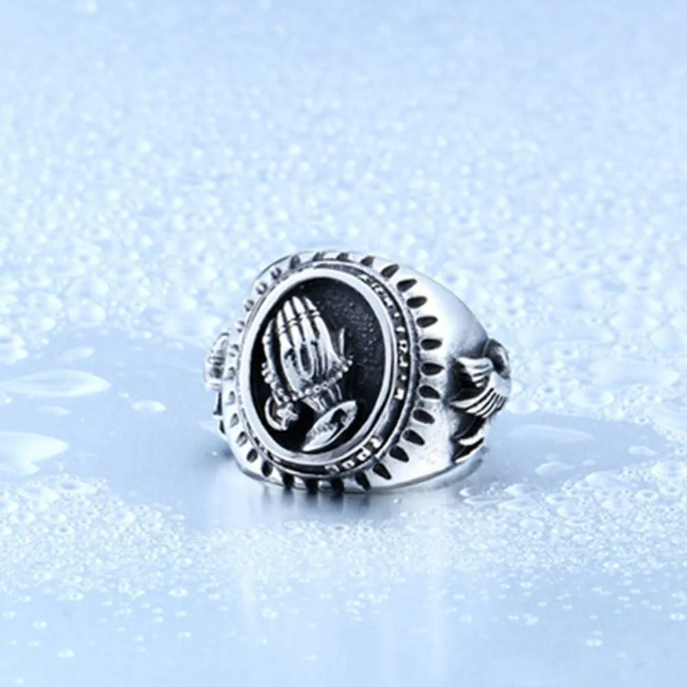 Punk Men's Silver Stainless Steel Religious Praying Hands Prayer Ring Band