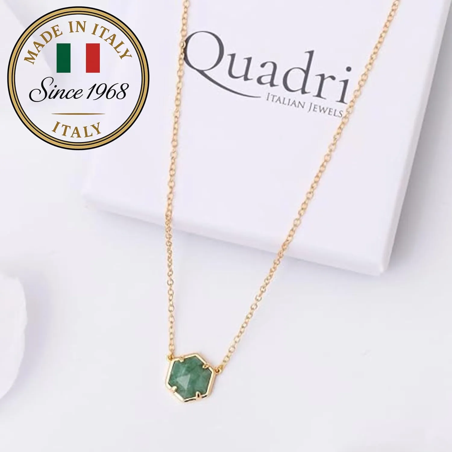 QUADRI 14K Gold Plated Necklace Gemstone Pendant - Dainty Necklaces for Women - Amethyst, Green Fluorite, Labradorite, Rose Quartz - Pendant Necklace for Women - Length: 16"  2" extension