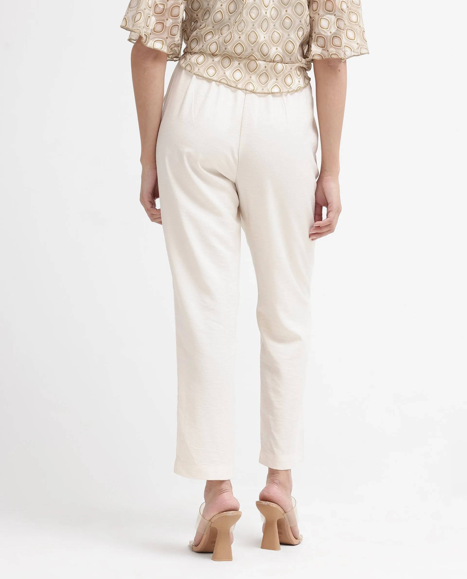 Rareism Women Chant-B Beige Polyester Fabric Zipper Closure Plain Trousers