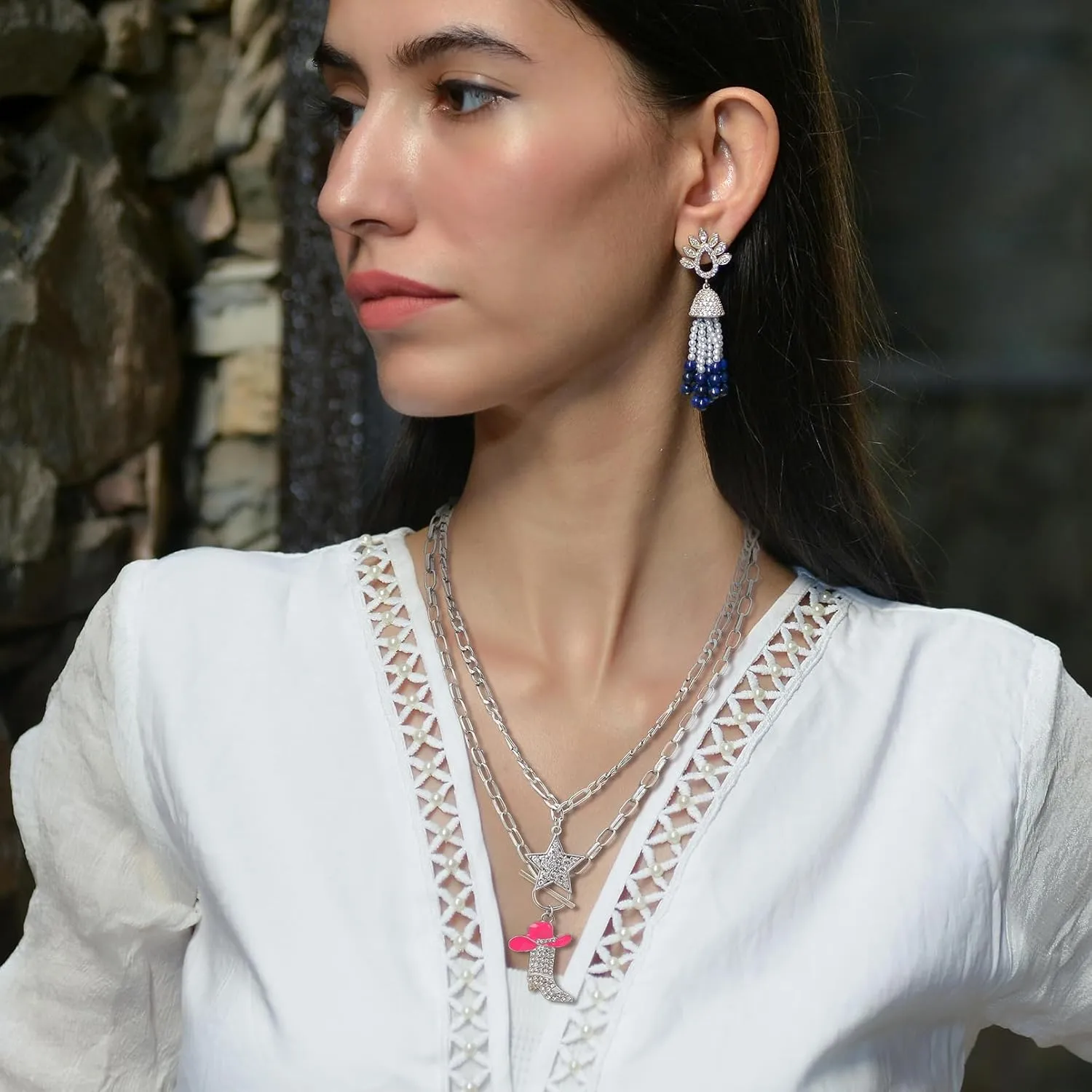 RechicGu 2 Pcs Sparkly Rhinestone Star Choker Western Cowgirl Boot Pendant Stackable Necklace Set for Women Chunky Chain, Cowboy Enamel Hat Boot Star Necklace Western Stackable Jewelry for Women