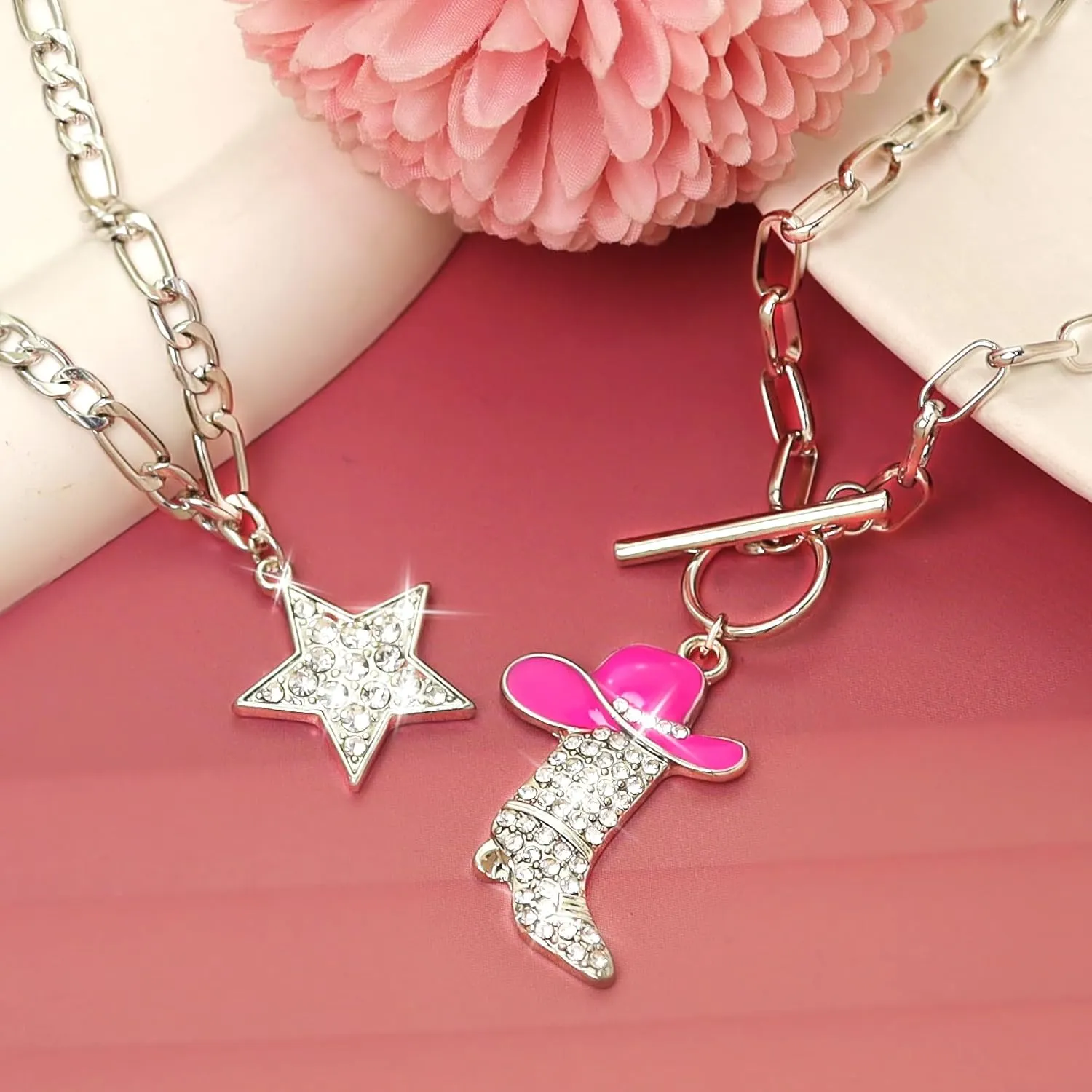 RechicGu 2 Pcs Sparkly Rhinestone Star Choker Western Cowgirl Boot Pendant Stackable Necklace Set for Women Chunky Chain, Cowboy Enamel Hat Boot Star Necklace Western Stackable Jewelry for Women