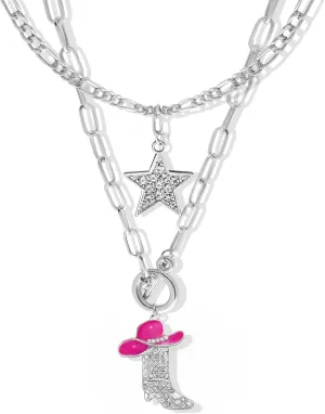 RechicGu 2 Pcs Sparkly Rhinestone Star Choker Western Cowgirl Boot Pendant Stackable Necklace Set for Women Chunky Chain, Cowboy Enamel Hat Boot Star Necklace Western Stackable Jewelry for Women