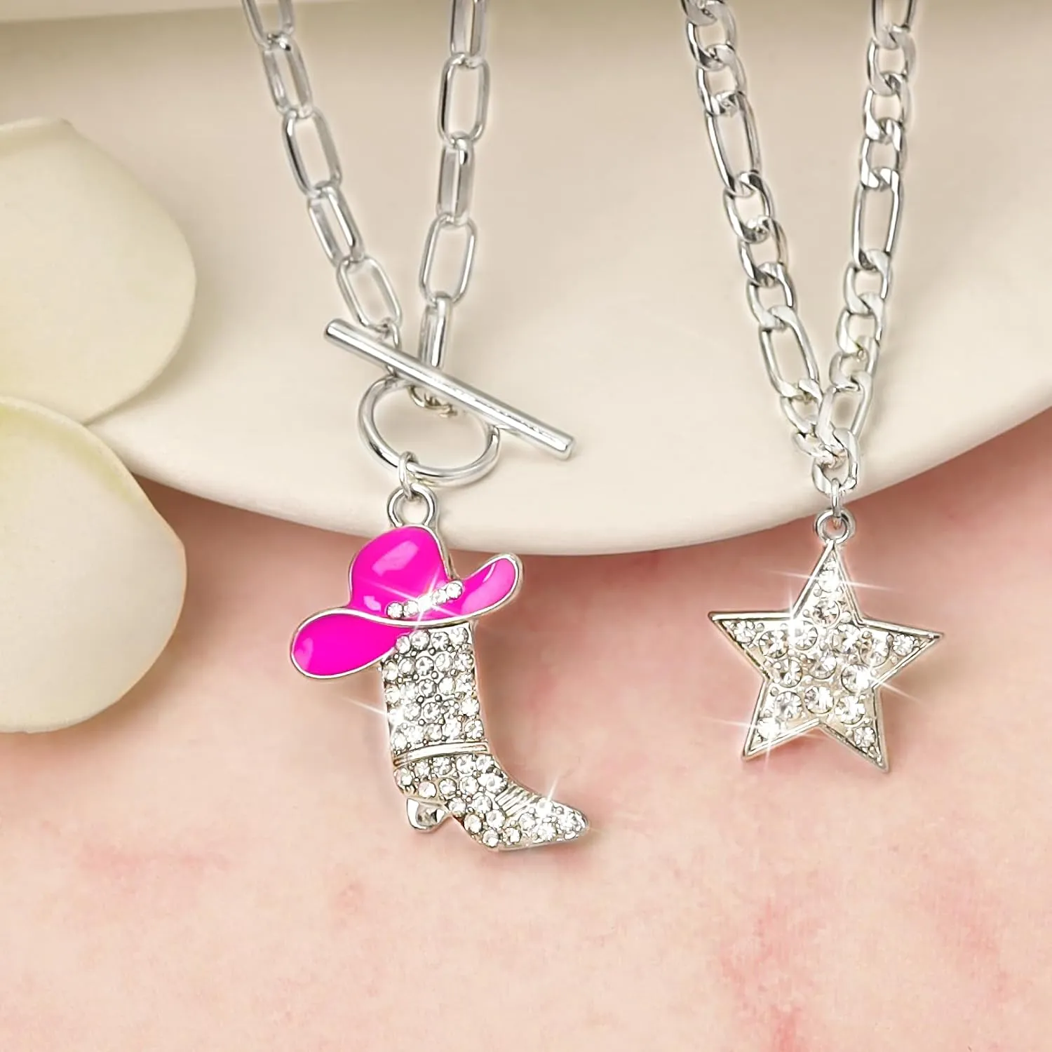 RechicGu 2 Pcs Sparkly Rhinestone Star Choker Western Cowgirl Boot Pendant Stackable Necklace Set for Women Chunky Chain, Cowboy Enamel Hat Boot Star Necklace Western Stackable Jewelry for Women