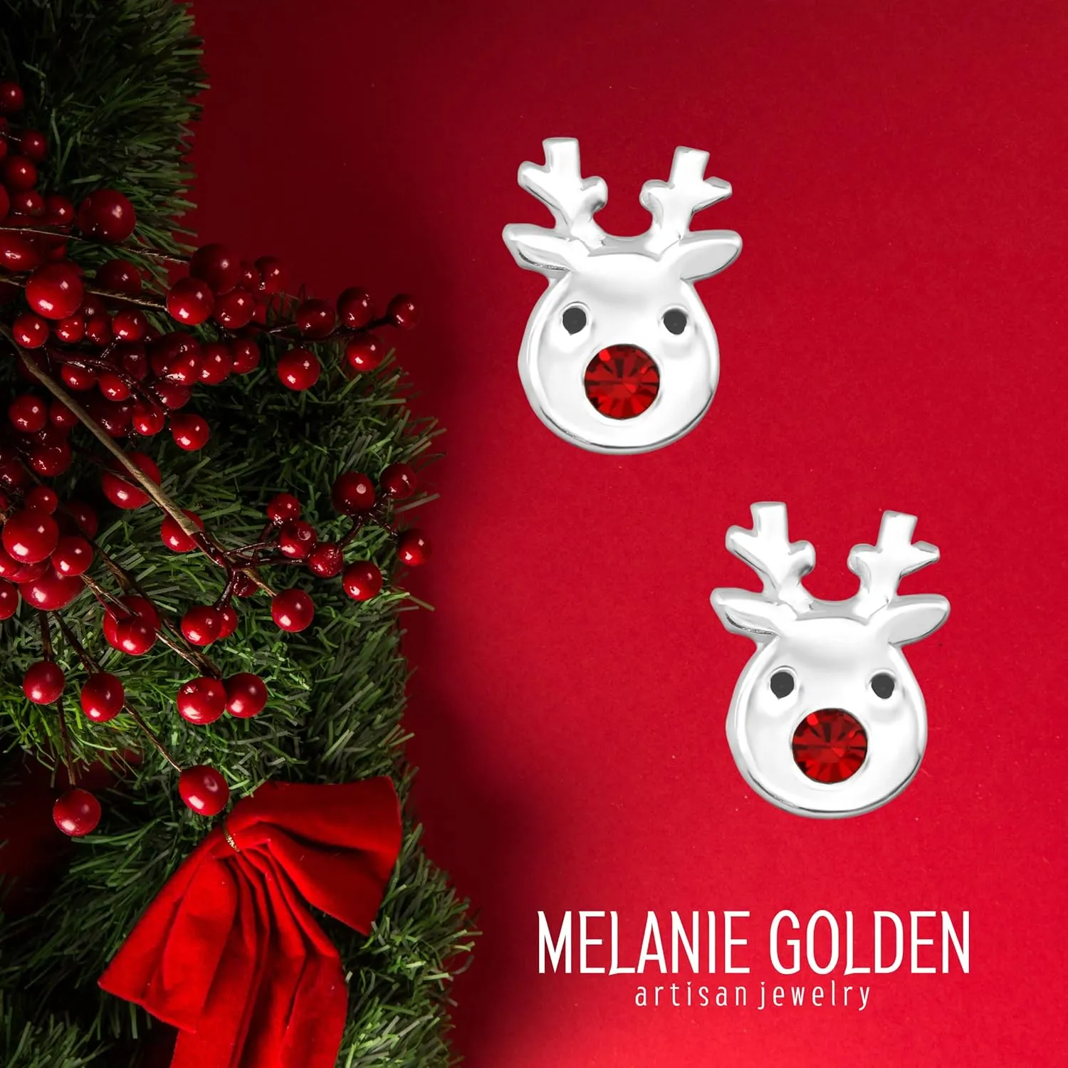 Red Nose Reindeer Stud Earrings | Festive Christmas Holiday Stud Earrings for Women and Girls (Sterling Silver)