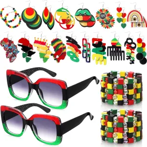 Riceshoot 22 Pcs Juneteenth Jewelry Set for Women African Jamaican Sunglasses Rasta Reggae Earrings Black History Month Wood Bracelet Accessories for Costume Party